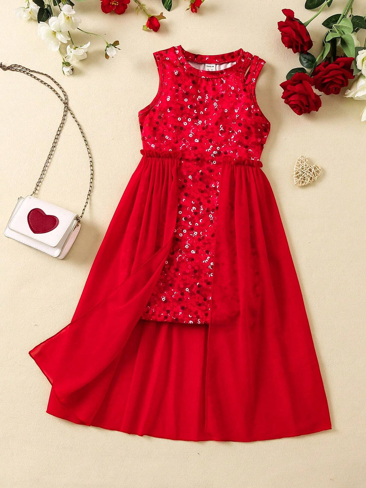 Young Girl Sleeveless Dress With Mesh Hem And Pearl Imitation Embellishment