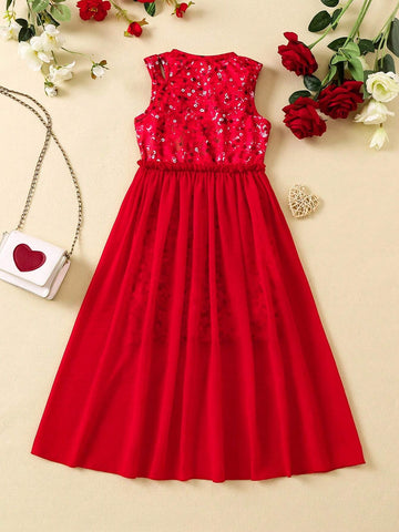 Young Girl Sleeveless Dress With Mesh Hem And Pearl Imitation Embellishment