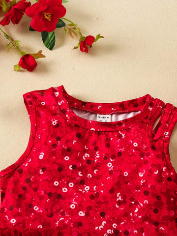 Young Girl Sleeveless Dress With Mesh Hem And Pearl Imitation Embellishment