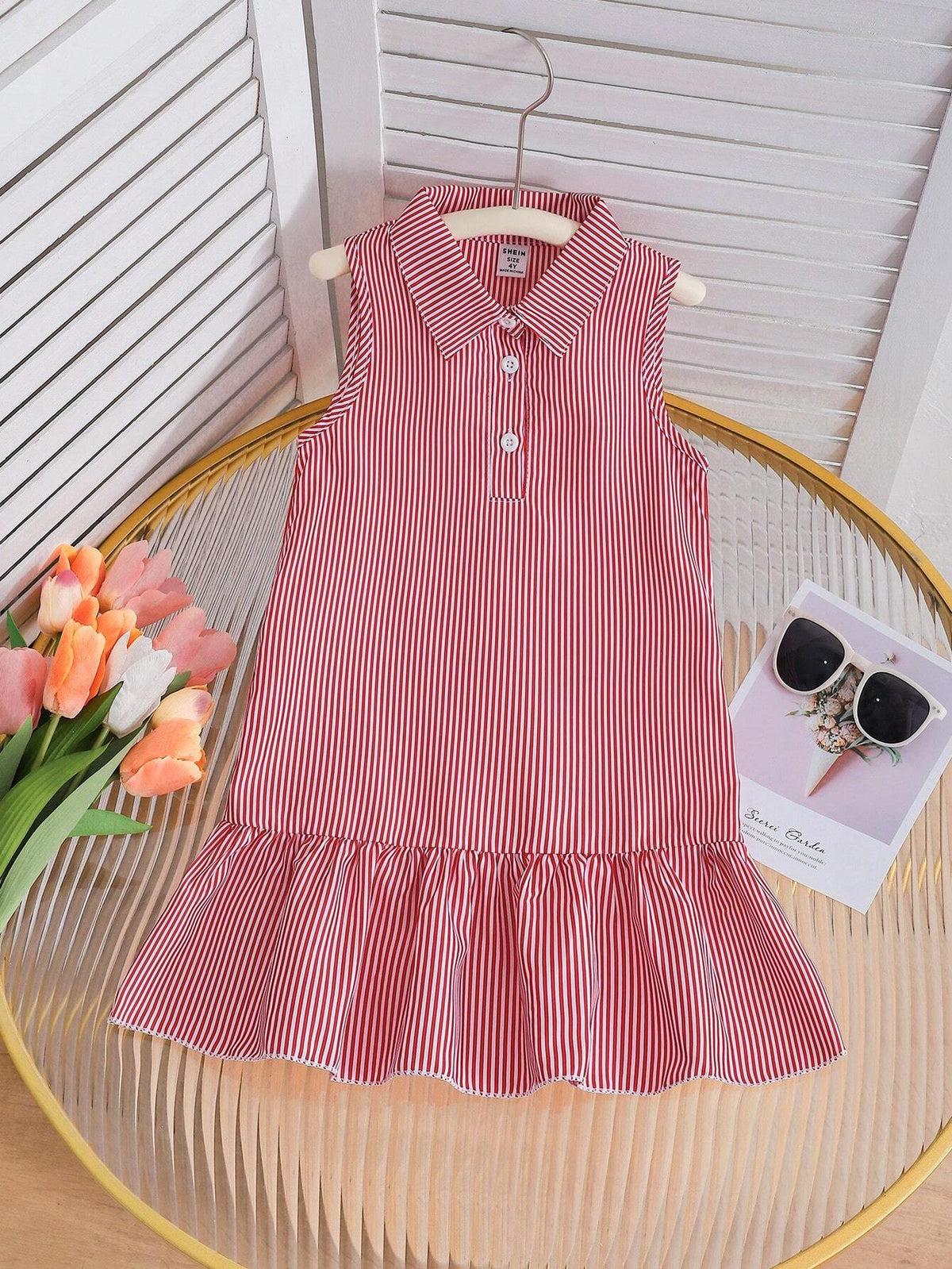 Young Girl Sleeveless Striped Button Detail Casual Dress