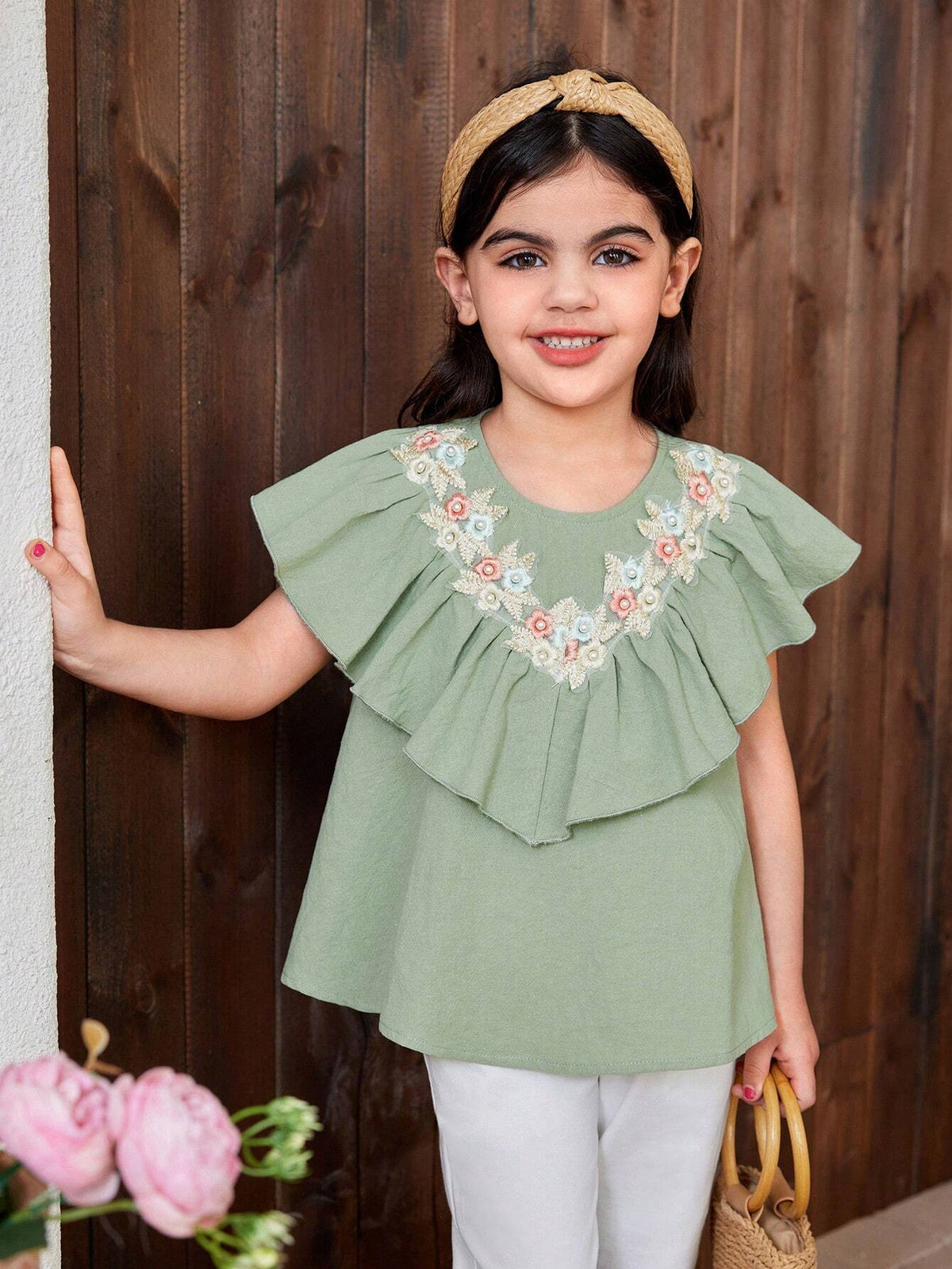 Young Girl Sleeveless Woven Solid Color Round Neck Ruffled Loose Casual Shirt