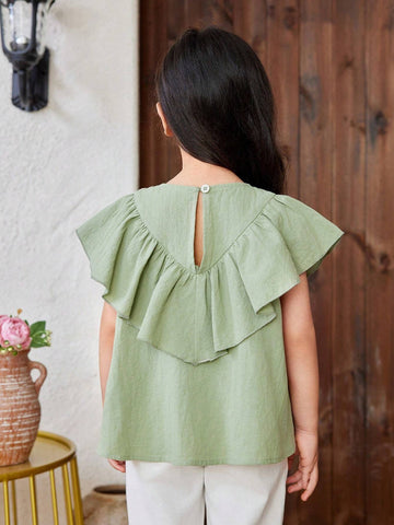 Young Girl Sleeveless Woven Solid Color Round Neck Ruffled Loose Casual Shirt