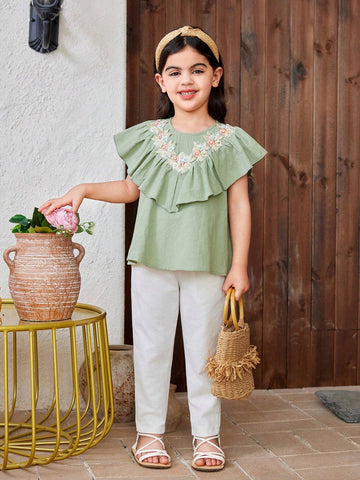 Young Girl Sleeveless Woven Solid Color Round Neck Ruffled Loose Casual Shirt