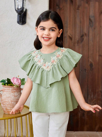Young Girl Sleeveless Woven Solid Color Round Neck Ruffled Loose Casual Shirt