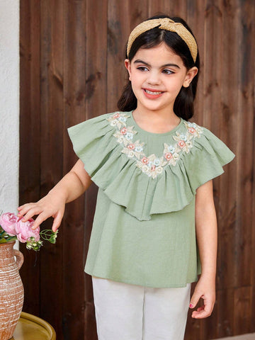 Young Girl Sleeveless Woven Solid Color Round Neck Ruffled Loose Casual Shirt