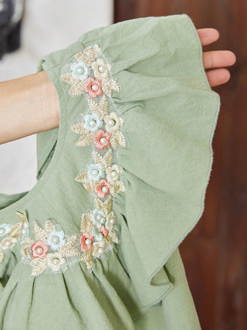 Young Girl Sleeveless Woven Solid Color Round Neck Ruffled Loose Casual Shirt