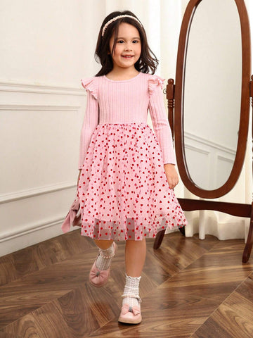 Young Girl Slim Fit Casual Round Neck Mesh Patchwork Dress
