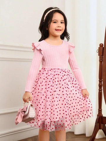 Young Girl Slim Fit Casual Round Neck Mesh Patchwork Dress