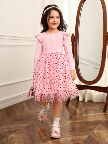 Young Girl Slim Fit Casual Round Neck Mesh Patchwork Dress