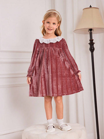 Young Girl Soft Comfy Round Neck Striped Long Sleeve Ruffle Cuff Knitted Dress, Autumn/Winter