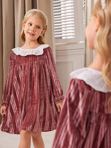 Young Girl Soft Comfy Round Neck Striped Long Sleeve Ruffle Cuff Knitted Dress, Autumn/Winter
