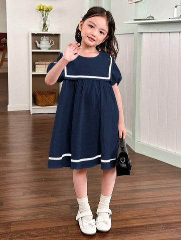 Young Girl Solid Color Adorned Pocket Turn-Down Preppy Dress