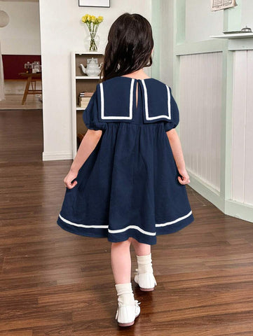 Young Girl Solid Color Adorned Pocket Turn-Down Preppy Dress