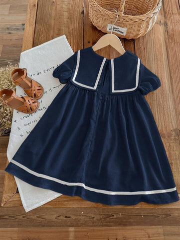 Young Girl Solid Color Adorned Pocket Turn-Down Preppy Dress