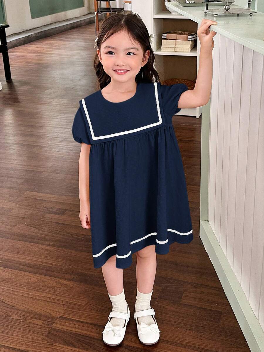 Young Girl Solid Color Adorned Pocket Turn-Down Preppy Dress