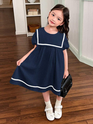 Young Girl Solid Color Adorned Pocket Turn-Down Preppy Dress