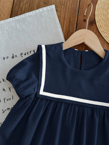 Young Girl Solid Color Adorned Pocket Turn-Down Preppy Dress