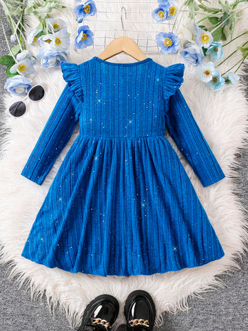 Young Girl Solid Color Bling Ribbed Knit Ruffle Dress, Comfortable & Versatile, School, Home, Vacation, And Travel
