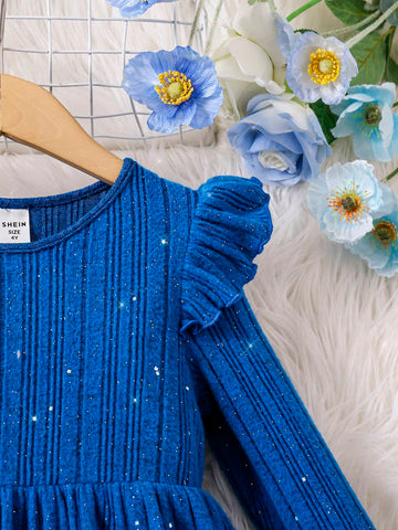 Young Girl Solid Color Bling Ribbed Knit Ruffle Dress, Comfortable & Versatile, School, Home, Vacation, And Travel