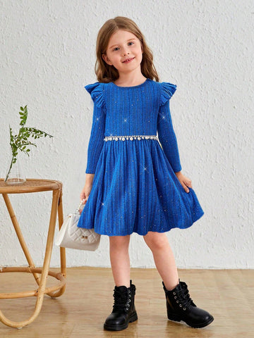 Young Girl Solid Color Bling Ribbed Knit Ruffle Dress, Comfortable & Versatile, School, Home, Vacation, And Travel