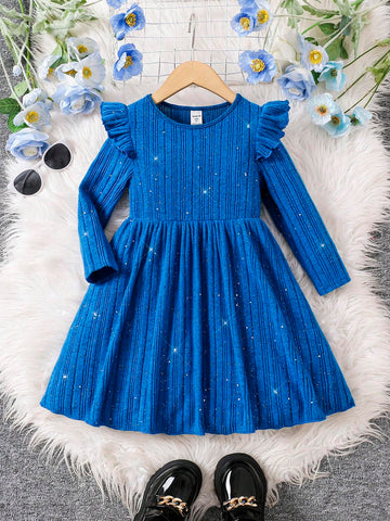 Young Girl Solid Color Bling Ribbed Knit Ruffle Dress, Comfortable & Versatile, School, Home, Vacation, And Travel
