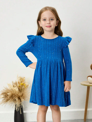 Young Girl Solid Color Bling Ribbed Knit Ruffle Dress, Comfortable & Versatile, School, Home, Vacation, And Travel