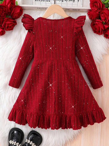 Young Girl Solid Color Bling Ribbed Knit Ruffle Trim Wrap Hem Asymmetrical Hem Dress, Great For Casual & Daily Wear & School Daily In Autumn & Winter, Red Color, For Christmas