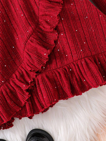 Young Girl Solid Color Bling Ribbed Knit Ruffle Trim Wrap Hem Asymmetrical Hem Dress, Great For Casual & Daily Wear & School Daily In Autumn & Winter, Red Color, For Christmas