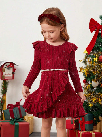 Young Girl Solid Color Bling Ribbed Knit Ruffle Trim Wrap Hem Asymmetrical Hem Dress, Great For Casual & Daily Wear & School Daily In Autumn & Winter, Red Color, For Christmas