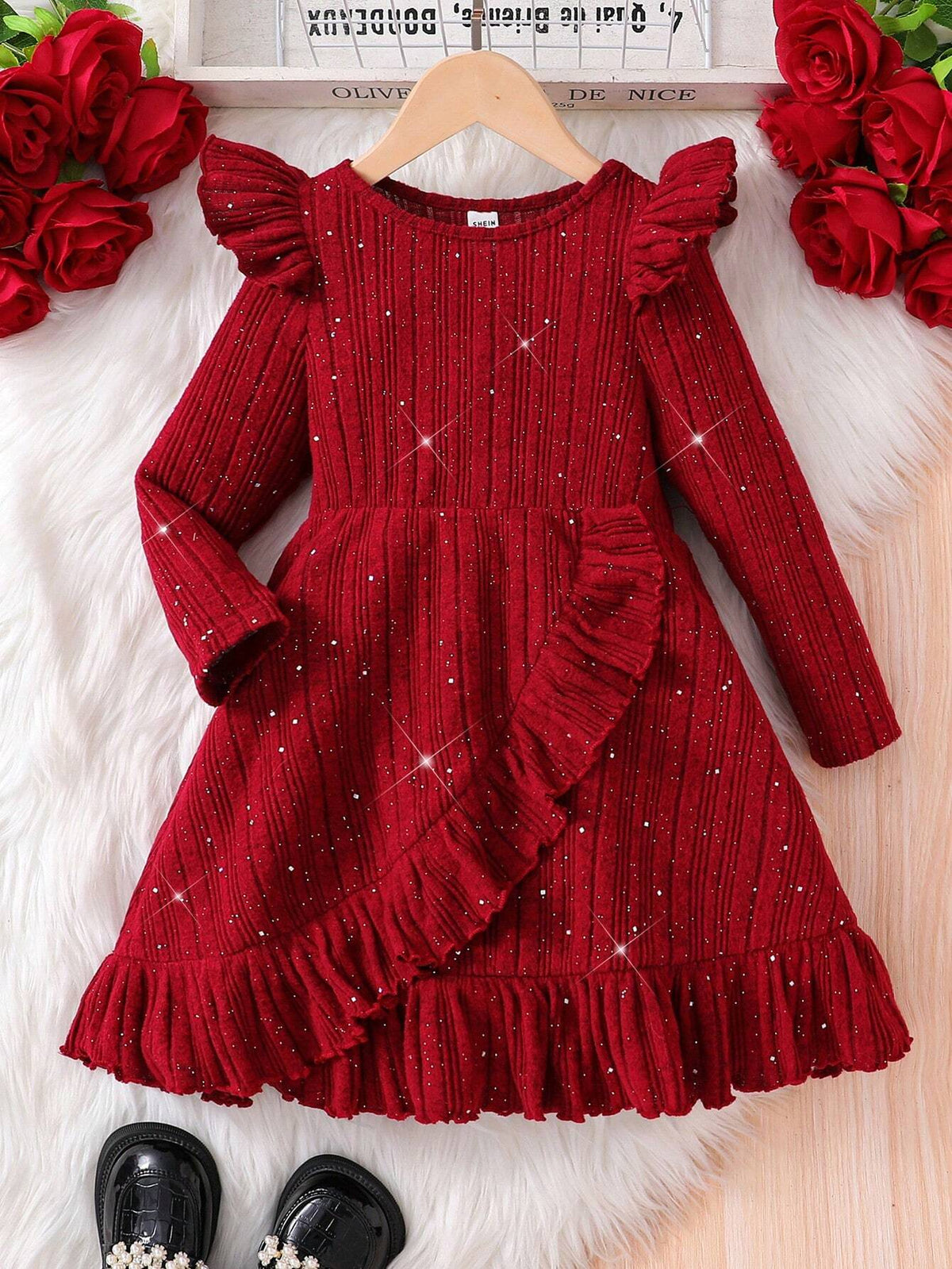 Young Girl Solid Color Bling Ribbed Knit Ruffle Trim Wrap Hem Asymmetrical Hem Dress, Great For Casual & Daily Wear & School Daily In Autumn & Winter, Red Color, For Christmas