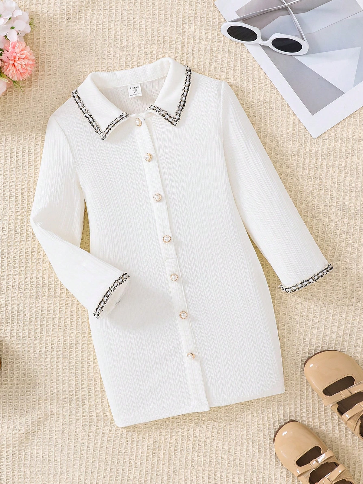 Young Girl Solid Color Collar Patchwork Lace Trim Fitted Casual Knit Dress