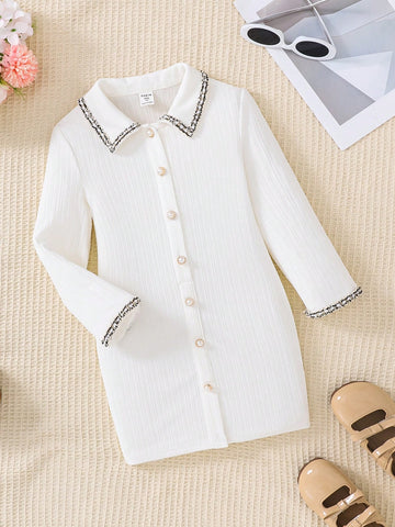 Young Girl Solid Color Collar Patchwork Lace Trim Fitted Casual Knit Dress