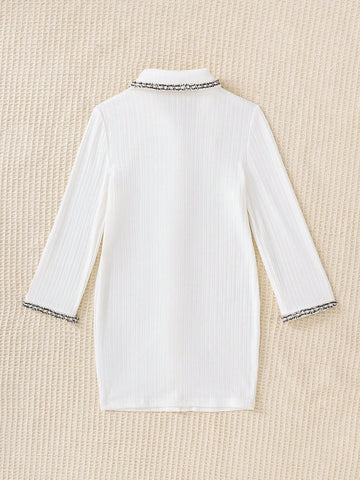 Young Girl Solid Color Collar Patchwork Lace Trim Fitted Casual Knit Dress