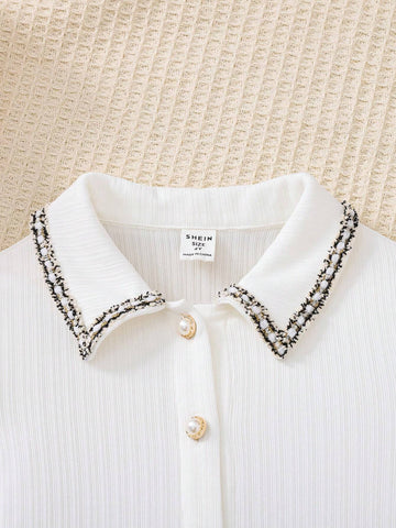 Young Girl Solid Color Collar Patchwork Lace Trim Fitted Casual Knit Dress