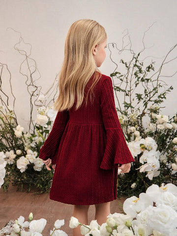 Young Girl Solid Color Collared Fitted Casual Knit Dress