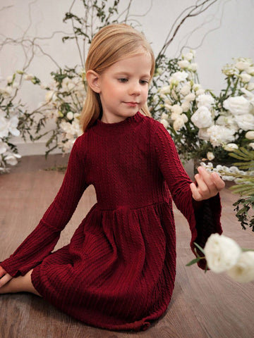 Young Girl Solid Color Collared Fitted Casual Knit Dress