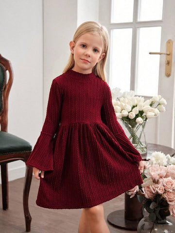 Young Girl Solid Color Collared Fitted Casual Knit Dress