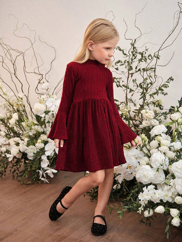 Young Girl Solid Color Collared Fitted Casual Knit Dress