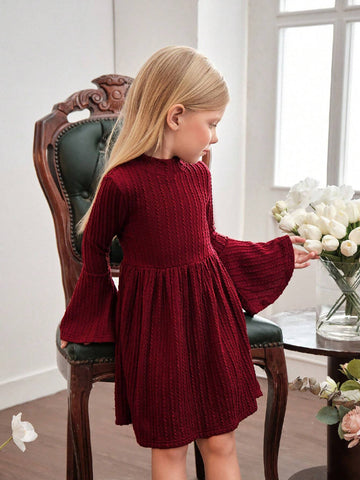 Young Girl Solid Color Collared Fitted Casual Knit Dress