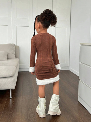 Young Girl Solid Color Collared Form-Fitting Casual Knit Dress