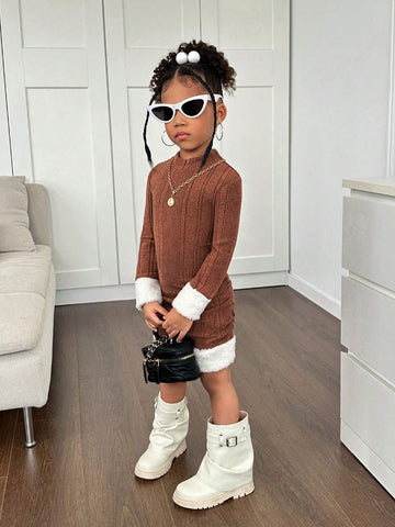 Young Girl Solid Color Collared Form-Fitting Casual Knit Dress