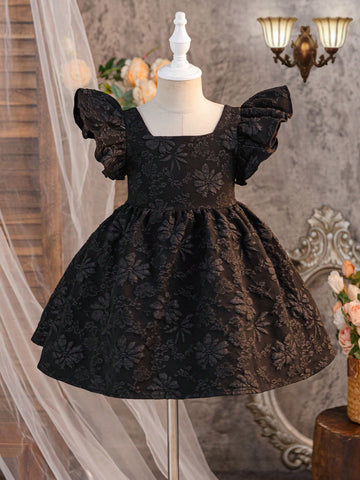 Young Girl Solid Color Floral Jacquard Ruffle Trim Fitted Dress