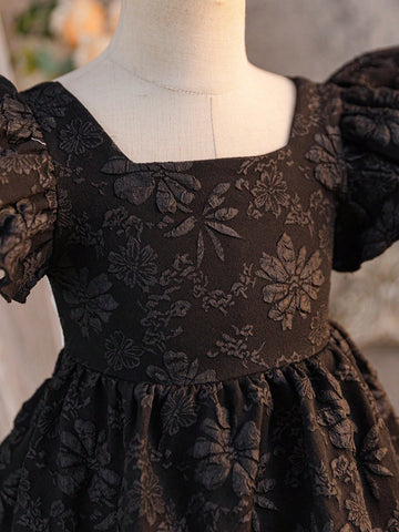 Young Girl Solid Color Floral Jacquard Ruffle Trim Fitted Dress