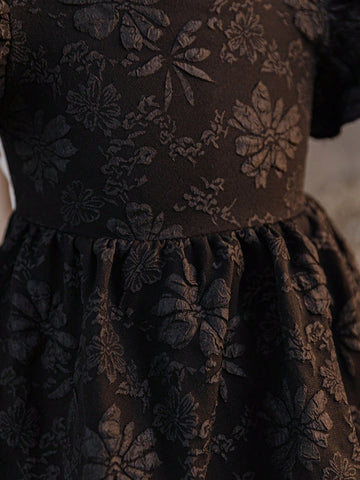 Young Girl Solid Color Floral Jacquard Ruffle Trim Fitted Dress