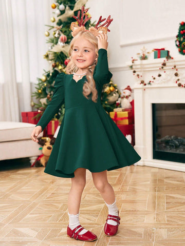 Young Girl Solid Color Gigot Sleeve Fitted Casual Knit Dress