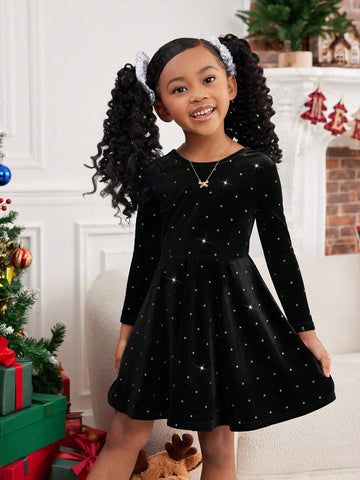 Young Girl Solid Color Hollow Back Fitted Casual Knit Dress, Round Neck