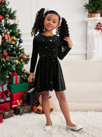 Young Girl Solid Color Hollow Back Fitted Casual Knit Dress, Round Neck
