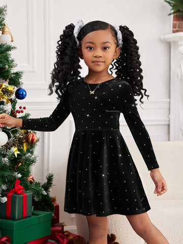 Young Girl Solid Color Hollow Back Fitted Casual Knit Dress, Round Neck