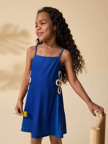Young Girl Solid Color Hollow Out Snug Fit Knit Camisole Dress