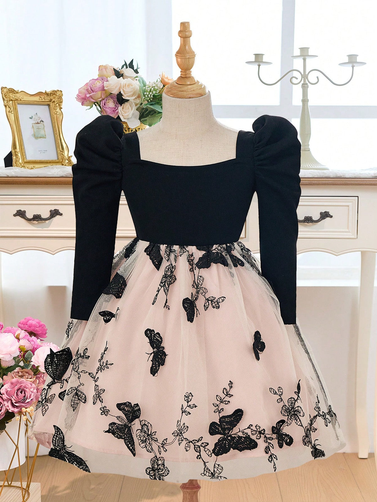 Young Girl Solid Color Knit Raglan Sleeve Splice Woven Mesh Panel Dress